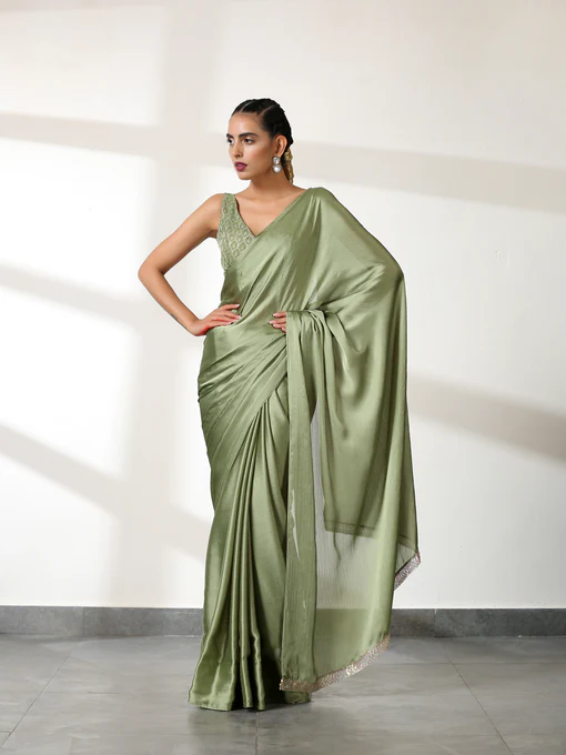 PISTA GREEN Saree with Embroidered Blouse Fabric