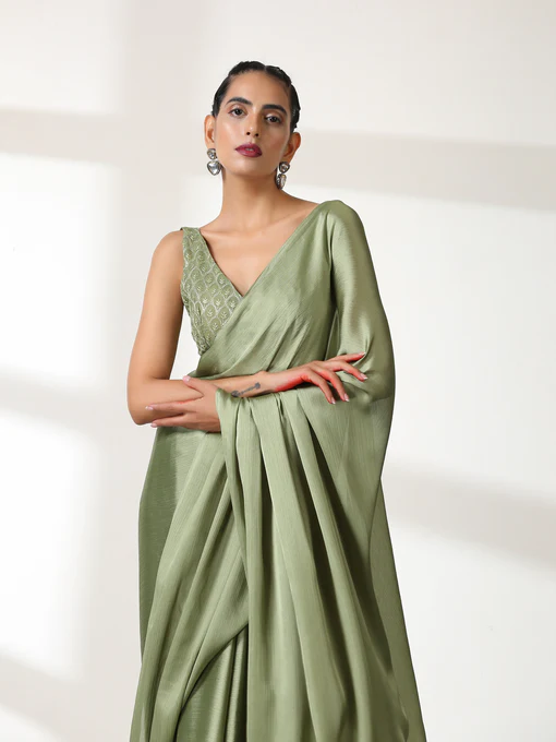 PISTA GREEN Saree with Embroidered Blouse Fabric