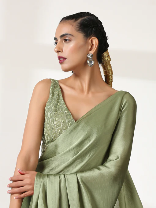 PISTA GREEN Saree with Embroidered Blouse Fabric