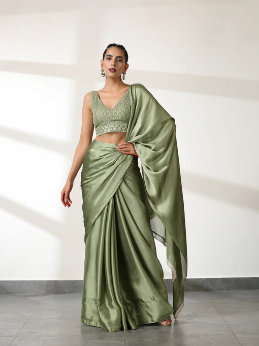 PISTA GREEN Saree with Embroidered Blouse Fabric